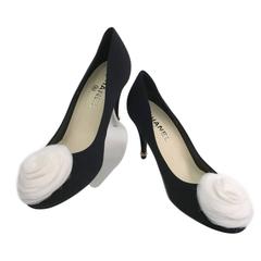 Chanel Black Grosgrain White Camellia Flower Toe Hight Heel Pumps