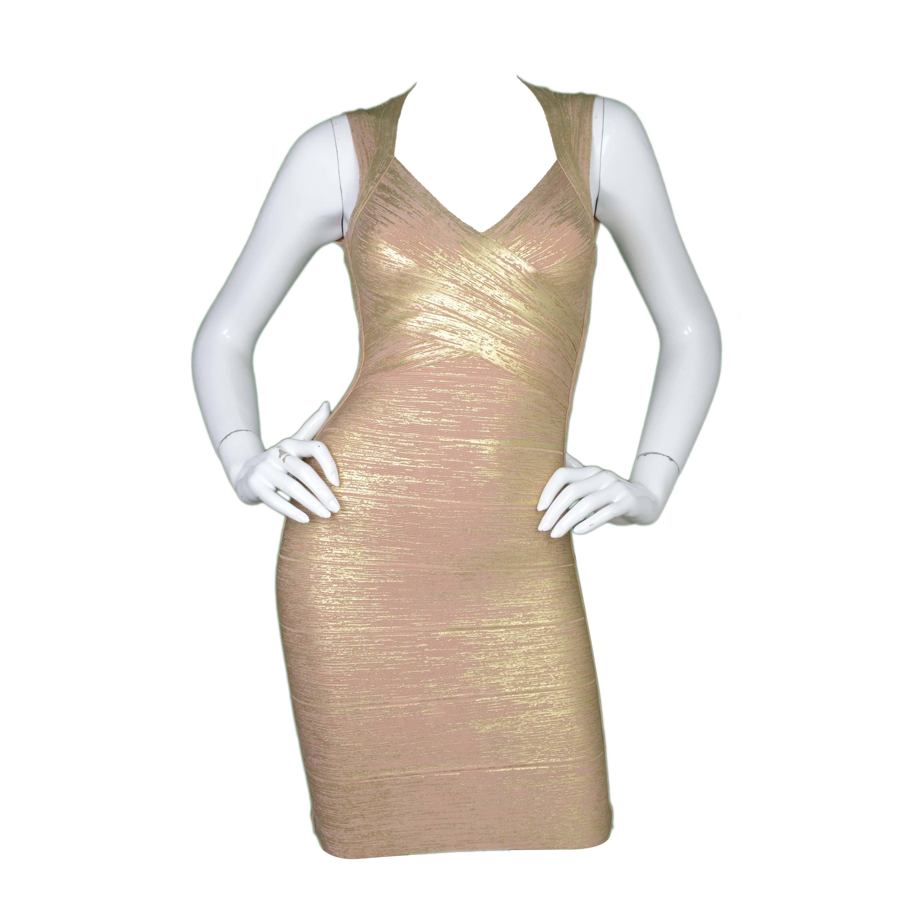 Herve Leger Champagne & Gold Painted Bandage Dress sz XXS