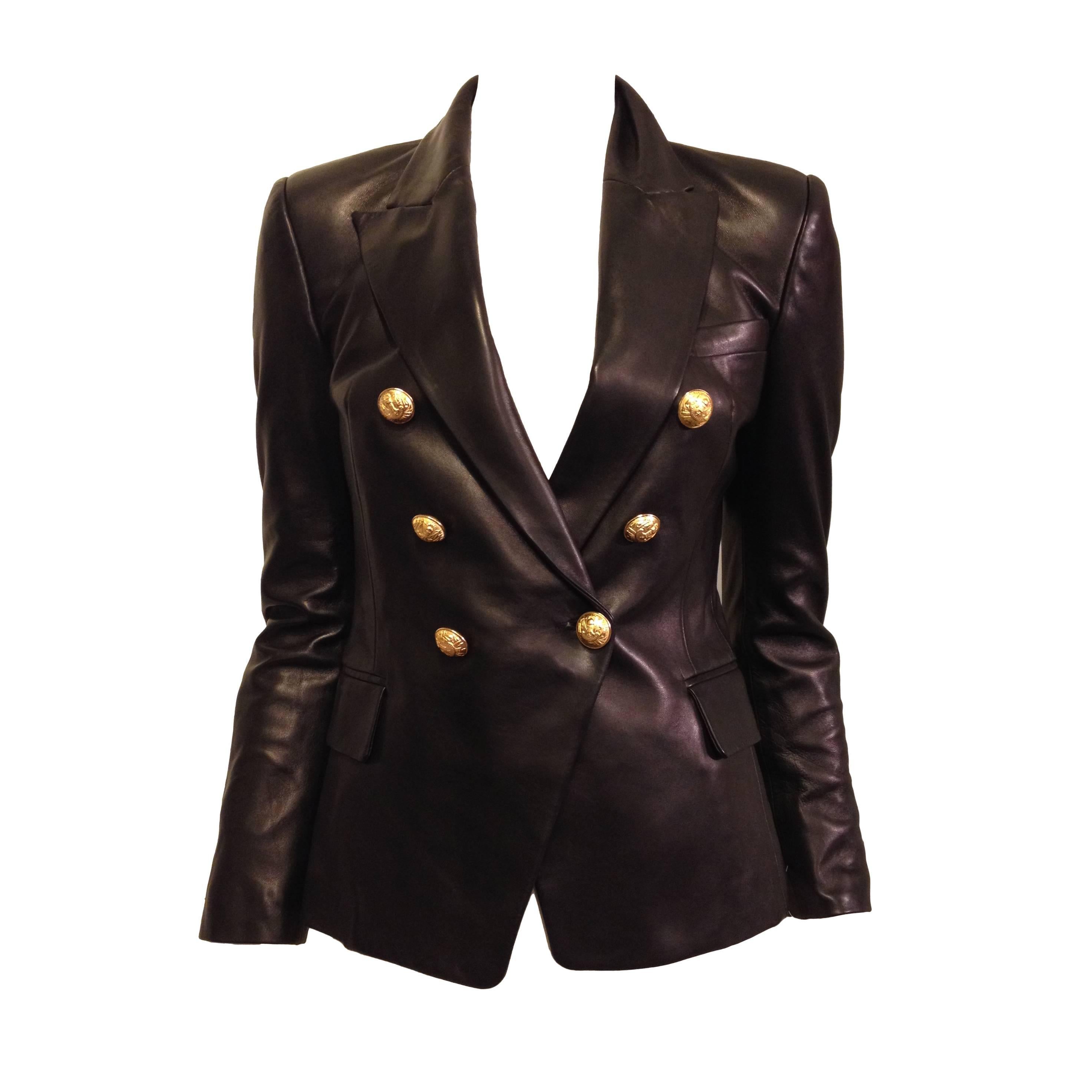 Balmain Black Leather Blazer with Gold Buttons