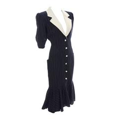 Emanuel Ungaro Parallele Vintage Dress in Navy Blue & White Wool Crepe 