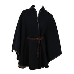 Etro Black Wool Cape with Leather Trim