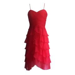 Oscar de la Renta 90s Red Silk Chiffon Tiered Skirt Party Dress 7