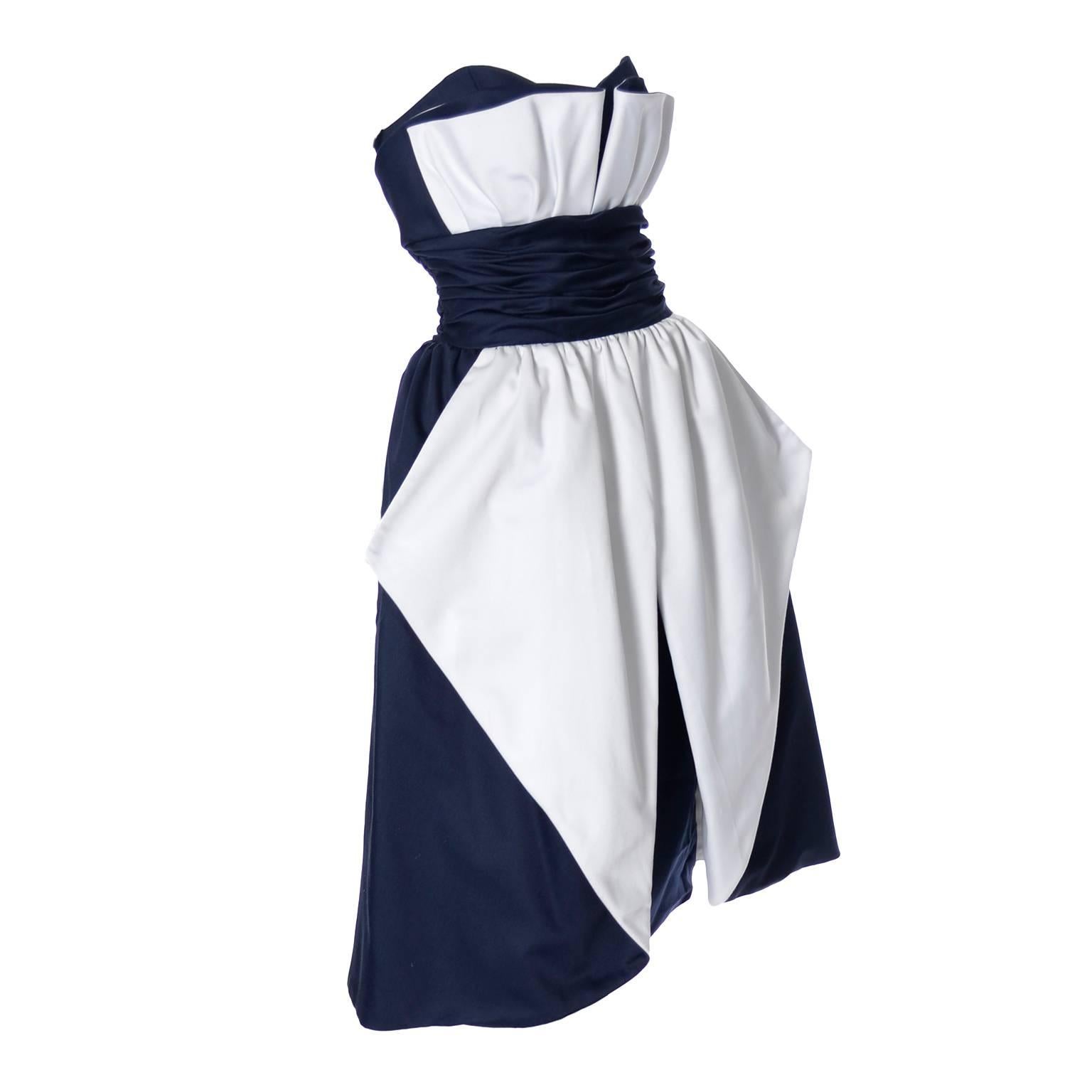 1980s Victor Costa Neiman Marcus Vintage Dress Strapless Blue and White