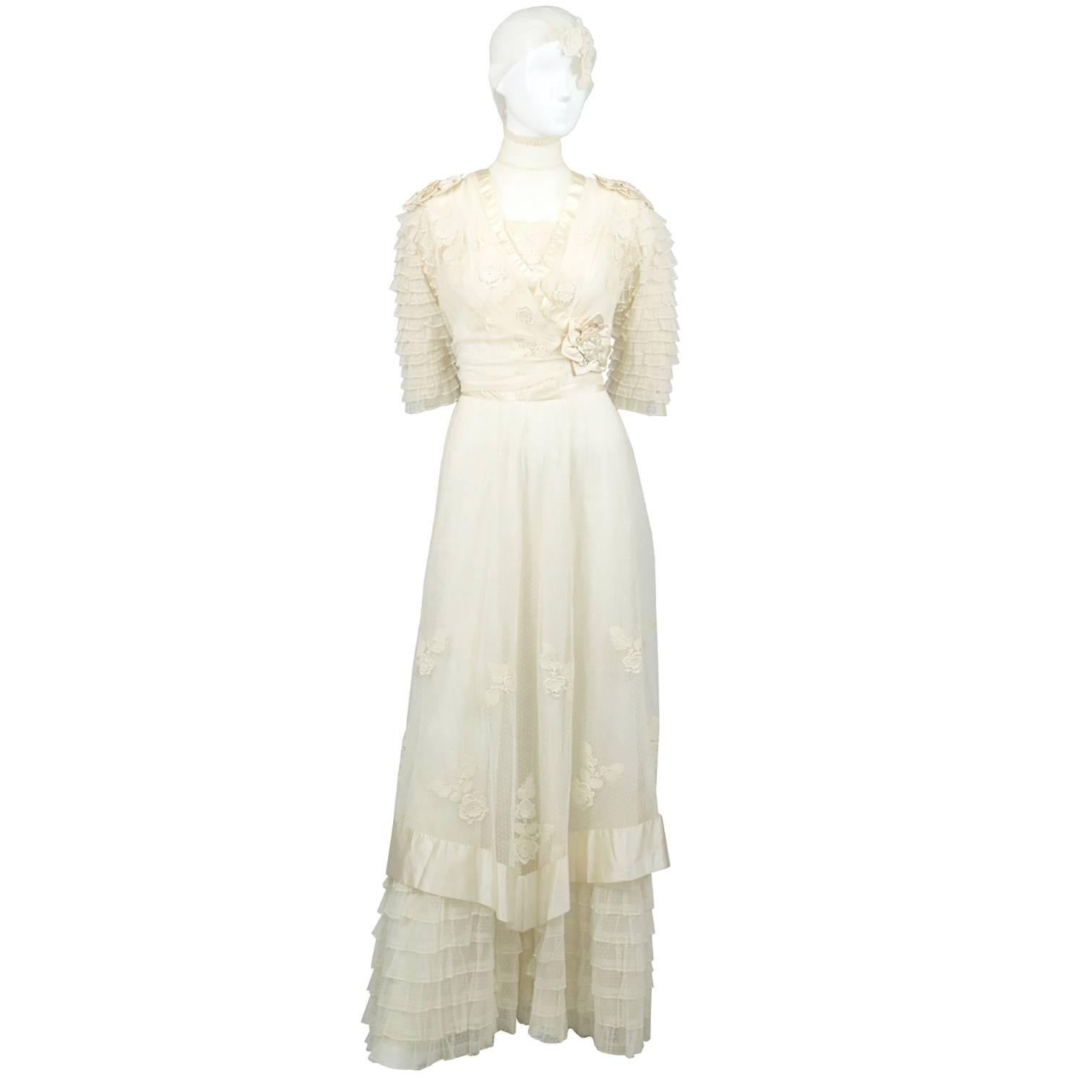 Edwardian Fine Lace Vintage Wedding Gown Veil Silk Roses Appliques