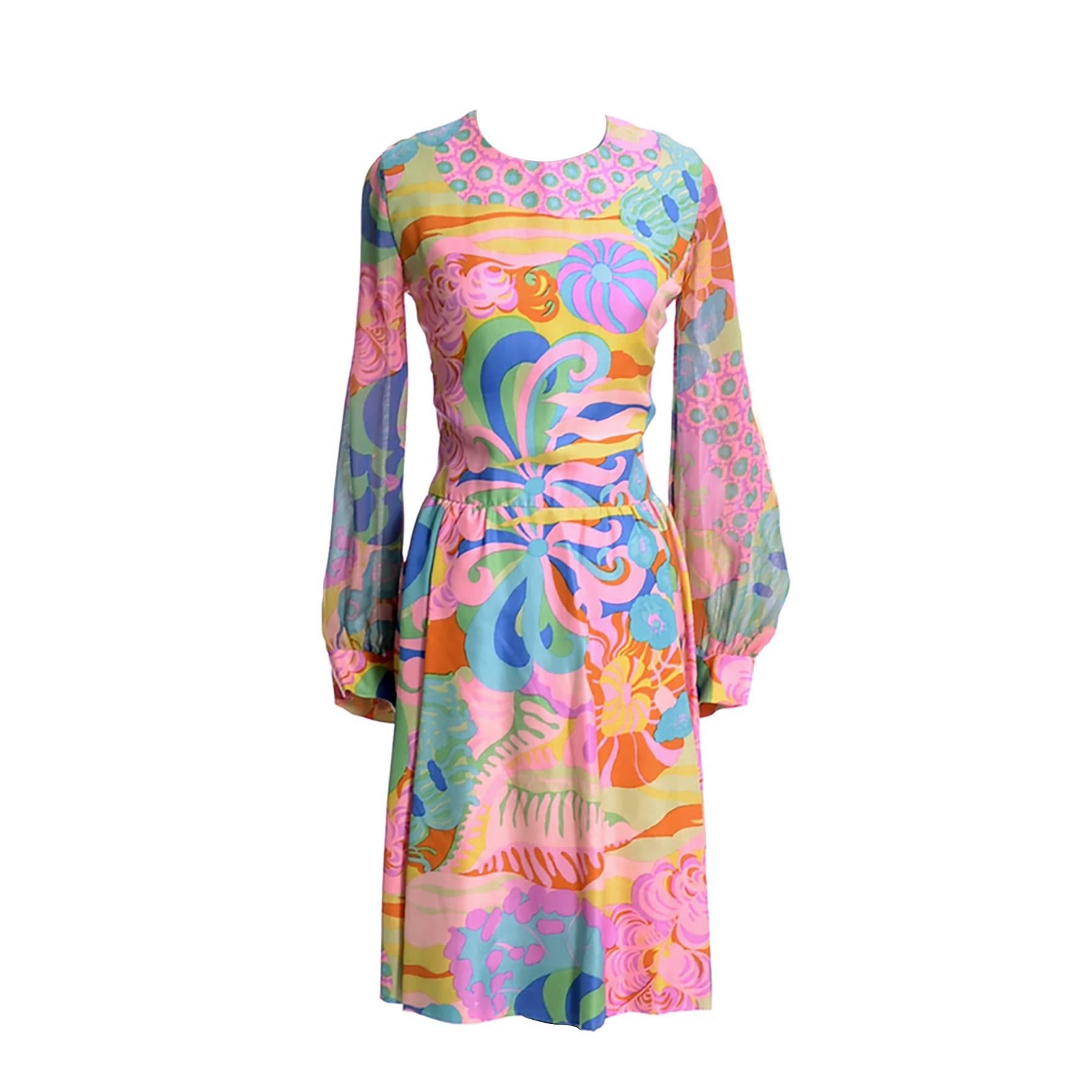 Vintage Tina Leser Original Silk Dress Chiffon Scarf Mod Psychedelic Print 60s