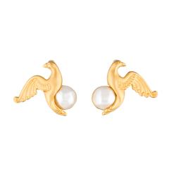 Karl Lagerfeld 1990s Gold Tone Bird Dove Pierced Earrings Faux Pearl Accents
