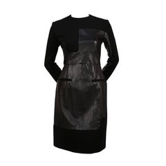 unworn CELINE by Phoebe Philo black wool and leather patchwork runway dress 