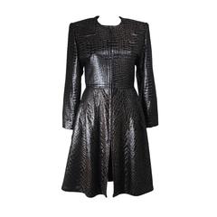 GALANOS Circa 1980's Brown & Bronze Silk Crocodile Embossed Flair Coat Size 4-6 10