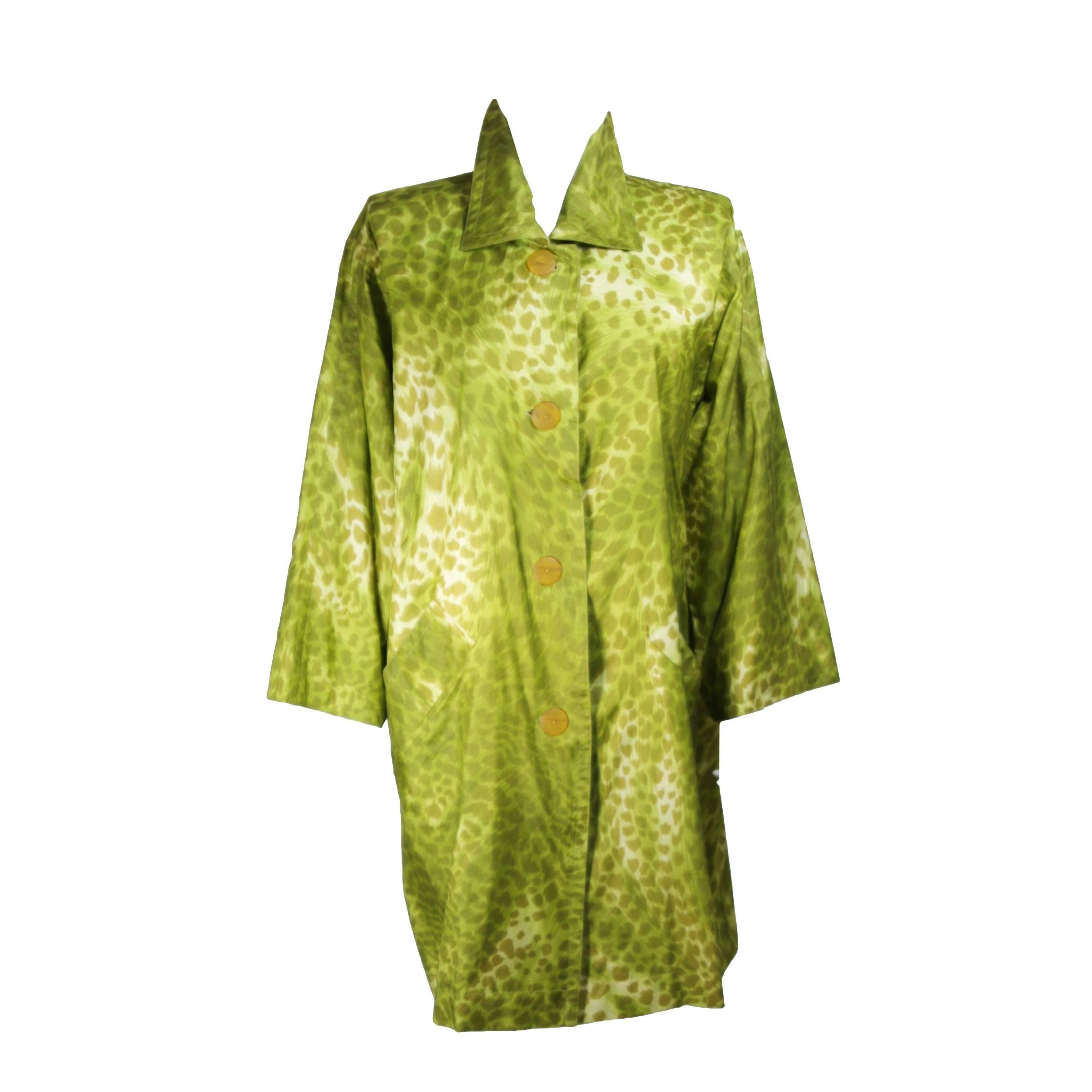 GIVENCHY Circa 1980's-1990's Green Silk Leopard Print Coat 