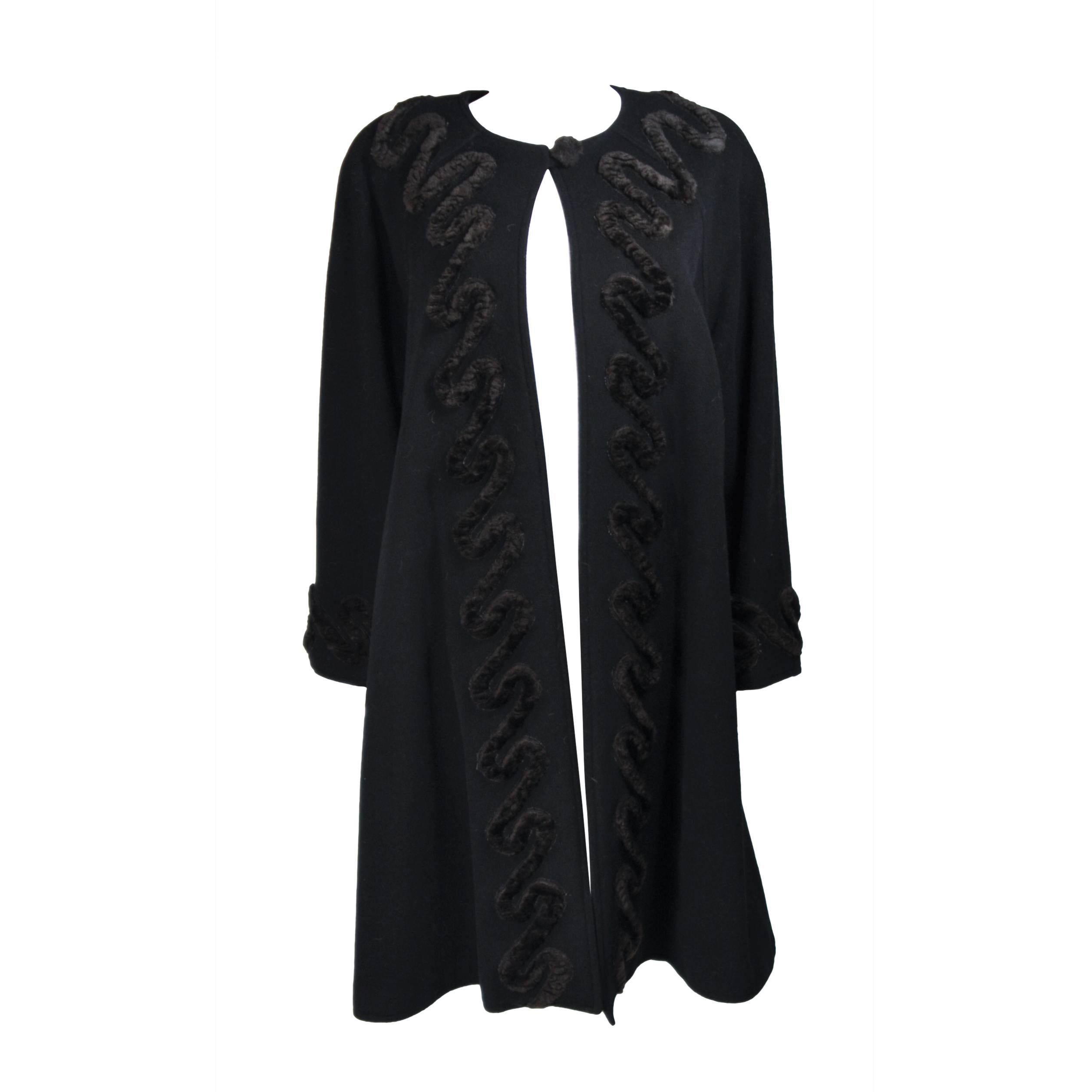 FENDI Circa 1980's Black Lana Wool with Faux Fur Applique Coat Size 42 For Sale