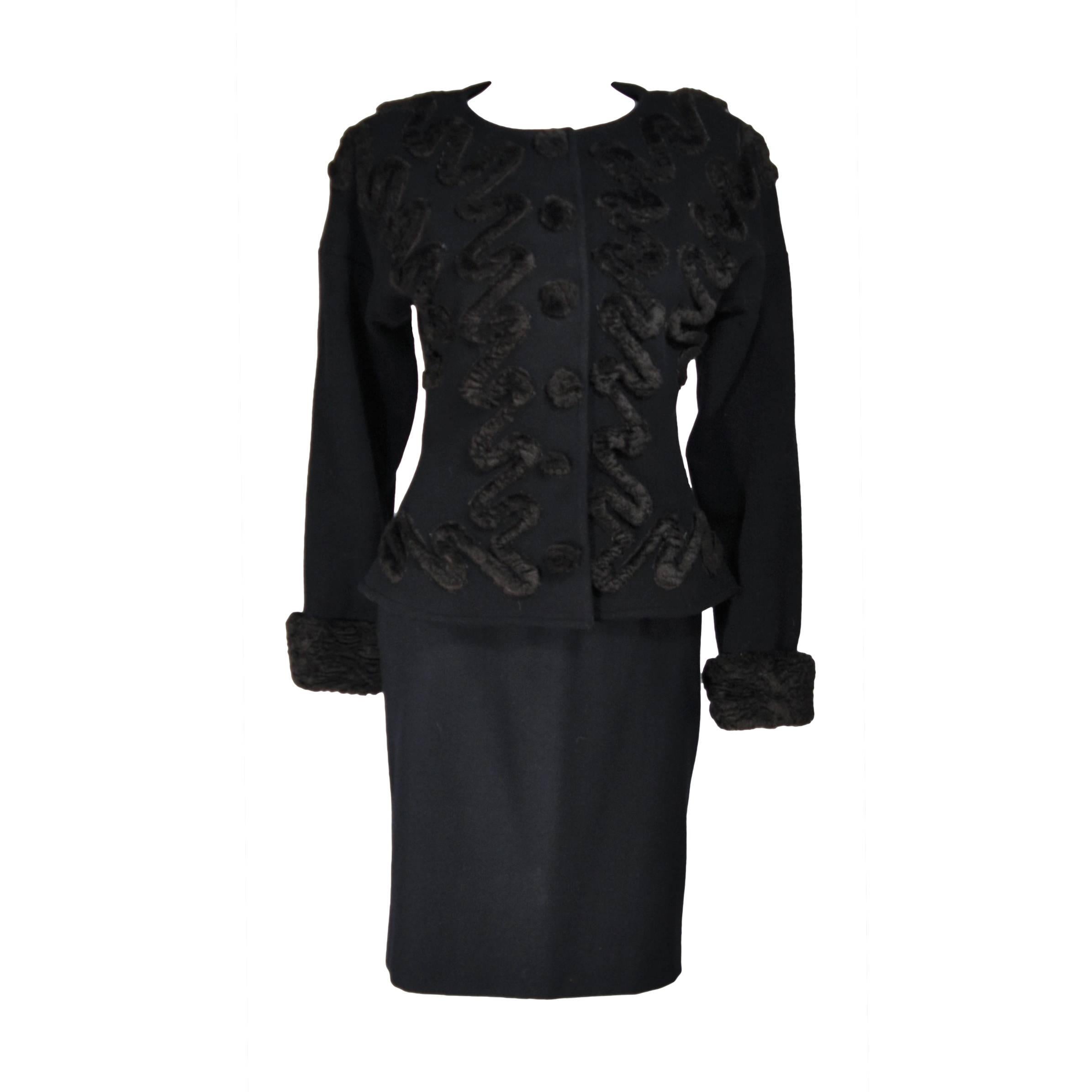 FENDI Circa 1980's Black Wool Skirt Suit with Faux Fur Applique Size 40 For Sale