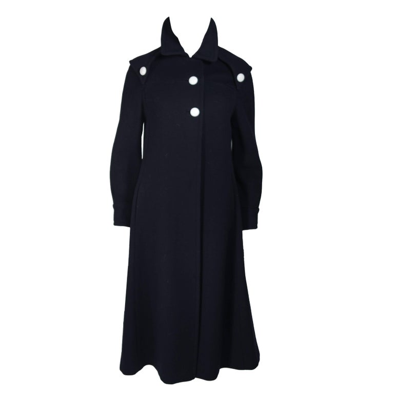 CUDDLE COAT 1980's Attributed Navy Wool Coat with White Button Detail ...