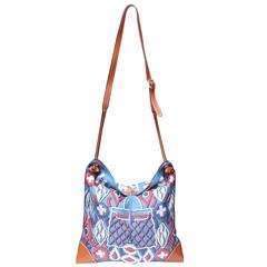 2000s Hermes Crossbody Tote Handbag in Printed Silk and Camel Leather