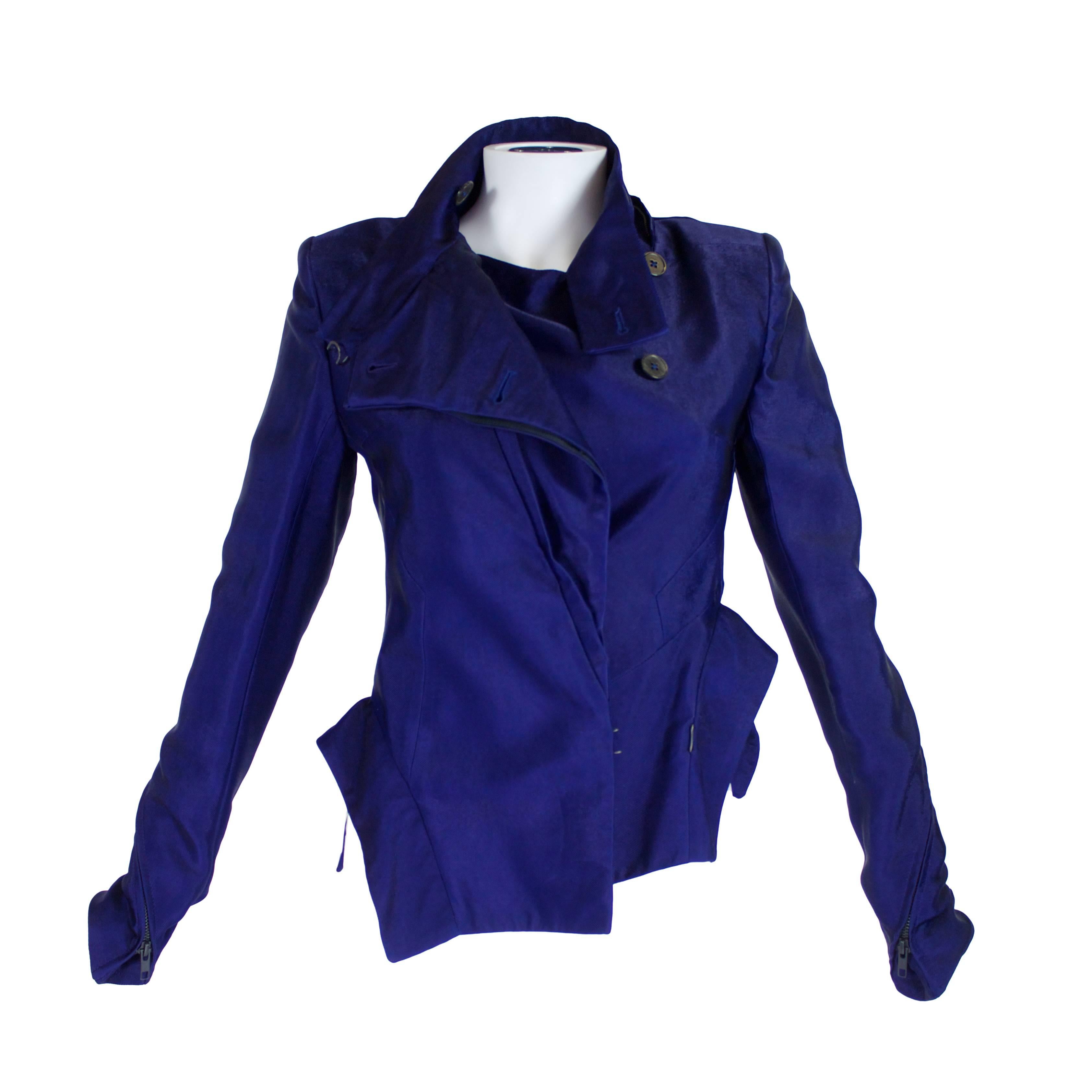 Ann Demeulemeester Asymmetrical Navy Moto Jacket with Zip Collar For Sale