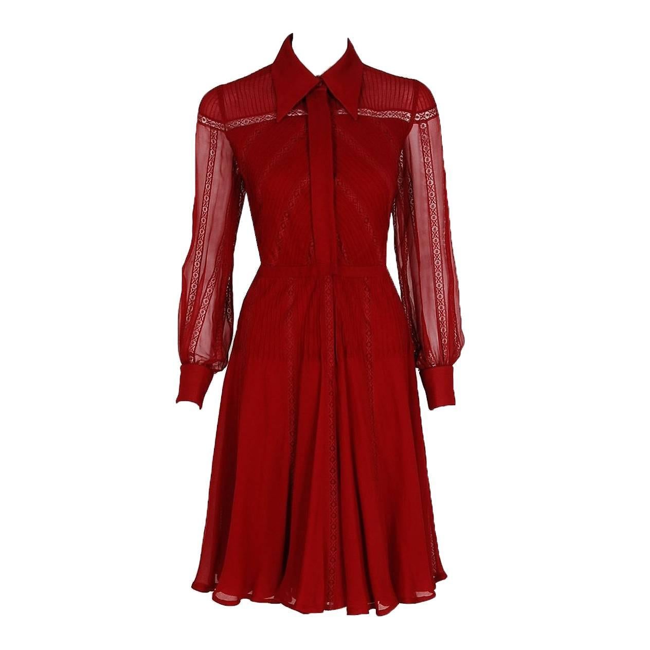 1970's Valentino Couture Burgundy-Red Silk Chiffon & Lace Pintuck Pleated Dress