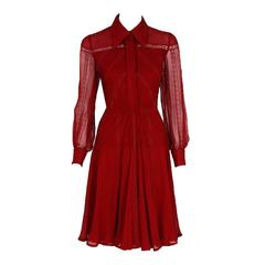 Retro 1970's Valentino Couture Burgundy-Red Silk Chiffon & Lace Pintuck Pleated Dress