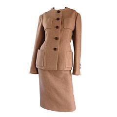Classic Vintage Norman Norell 1960s 60s Size 12 Tan / Camel Jacket + Skirt Suit 8