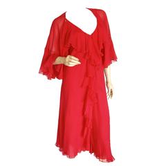Pauline Trigère Coral Red Cocktail Dress with Shawl Silk Chiffon Ruffles 70s M 9