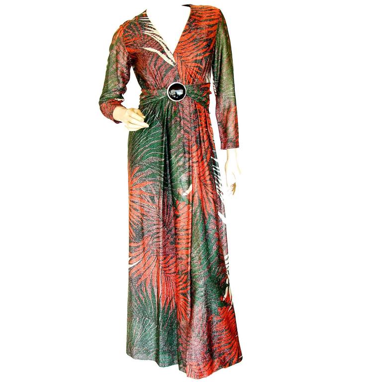Roger Milot for Fred Perlberg Long Maxi Dress with Wide Onyx Belt 1970s ...
