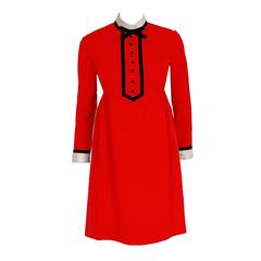 Retro 1969 Geoffrey Beene Red-Wool Tuxedo Bow Empire Babydoll Long-Sleeve Mod Dress