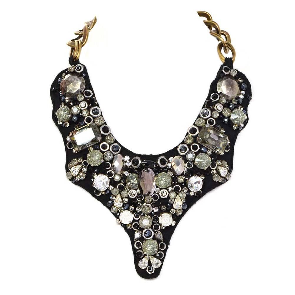 Prada Black & Charcoal Crystal Embellished Bib Necklace 