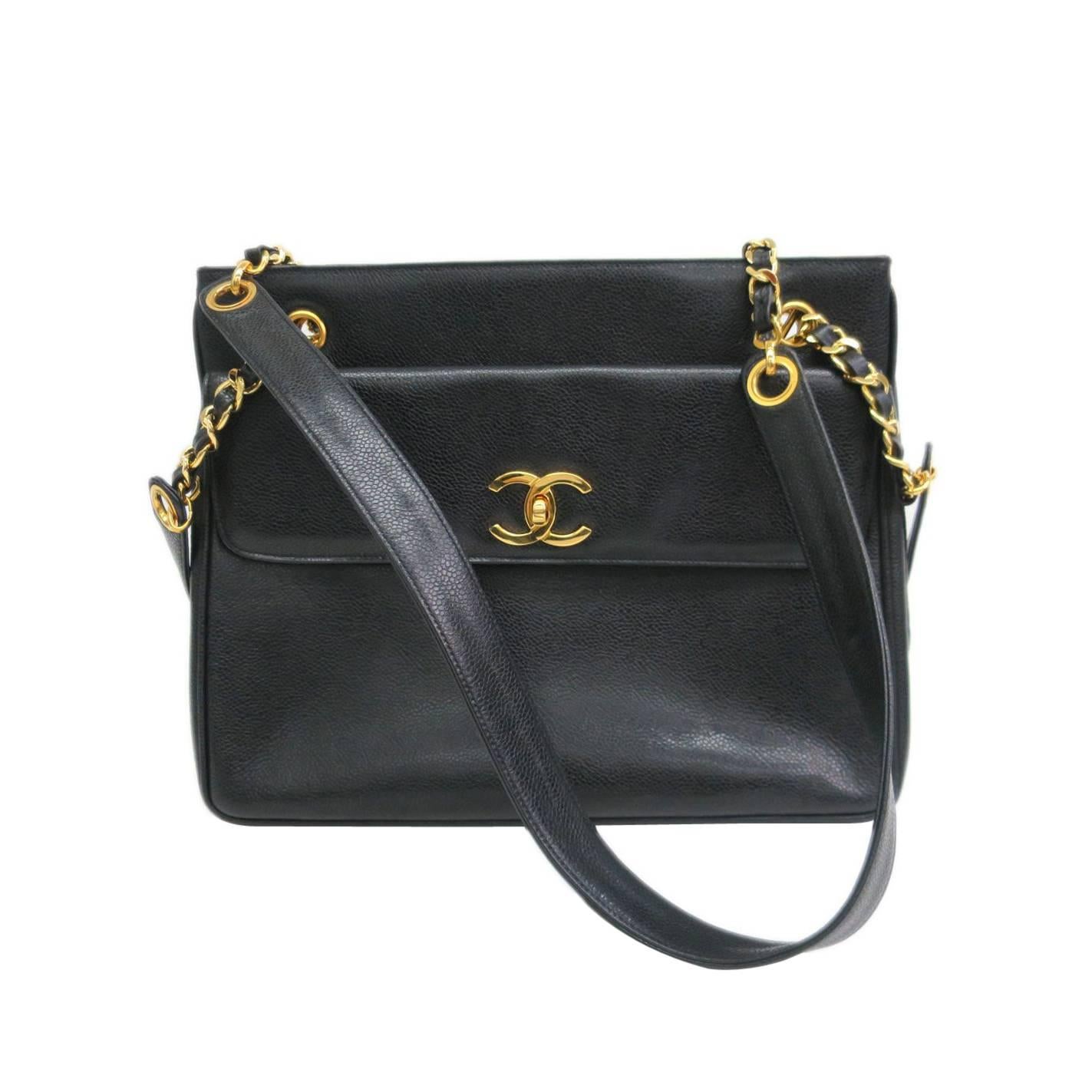 Chanel Black Caviar Leather Gold HW Chain Weekend Tote Shopper Shoulder Bag