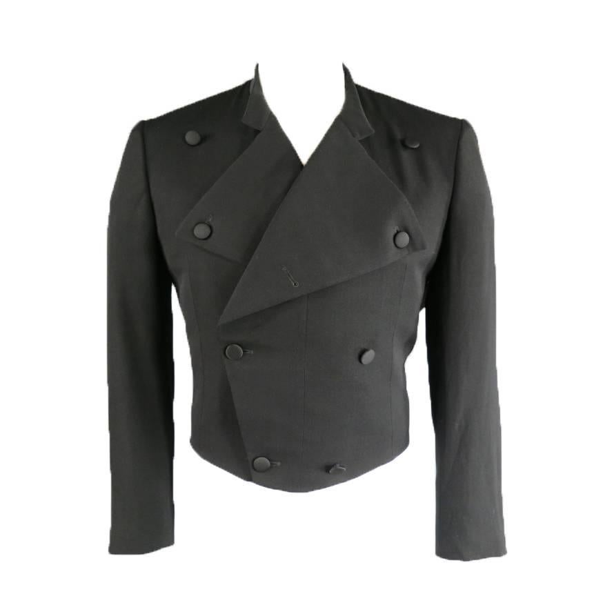 Vintage YVES SAINT LAURENT 40 Black Wool Cropped Double Breast Jacket