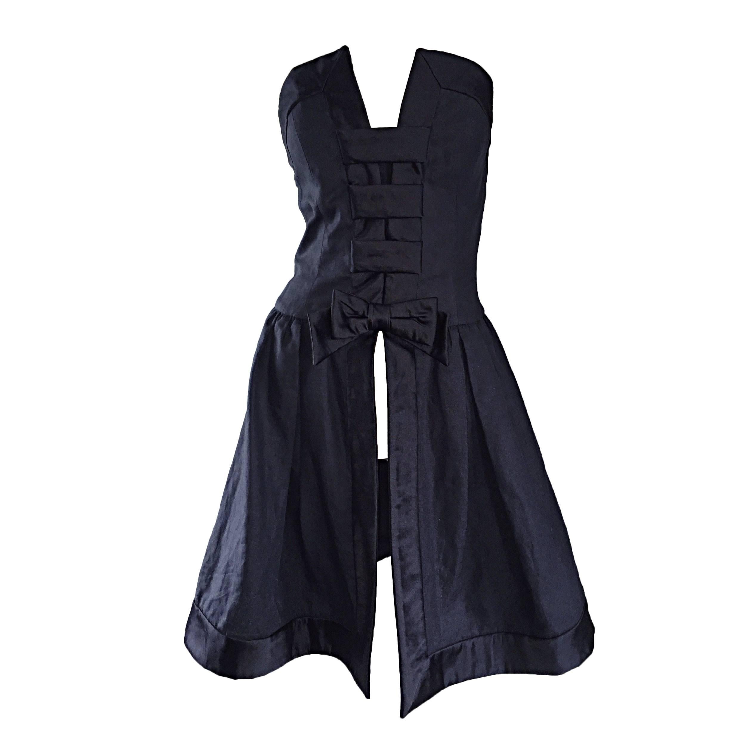 Vintage Rena Lange Black Silk Avant Garde Strapless Overdress Cut Out Bow Dress For Sale