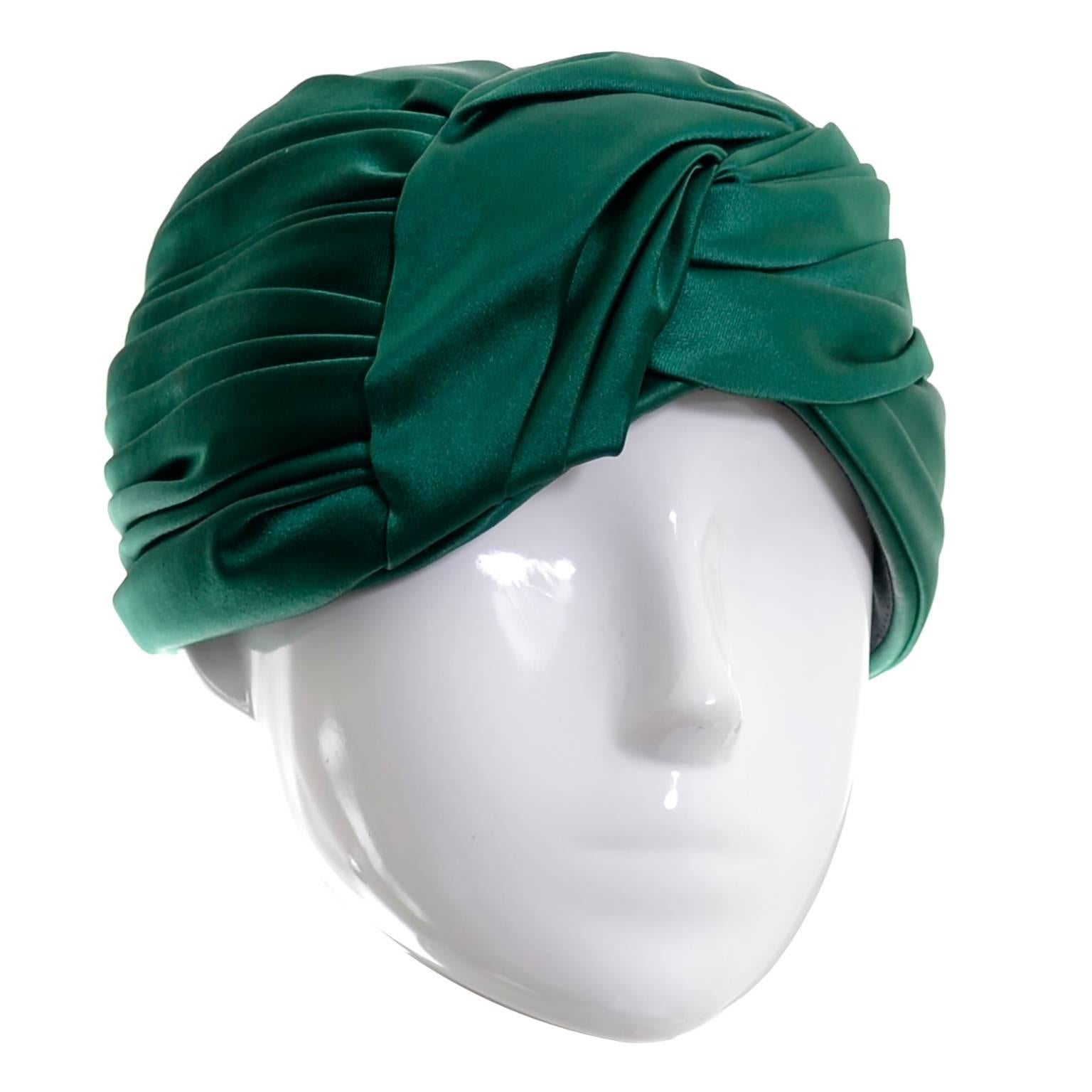 Vintage Christian Dior Hat Miss Dior Green Satin Turban style Chapeau 1960s
