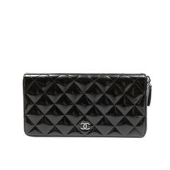 Chanel Black Patent Leather Classic Zip Around Wallet- Large