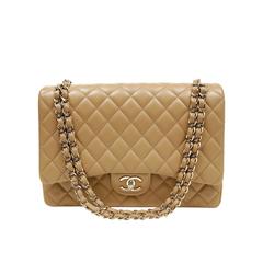 Chanel Beige Leather Double Flap Maxi with Gold Hardware
