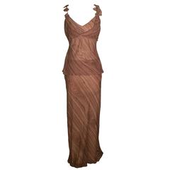 John Galliano Paris Tan Wood Grain Print Silk Maxi Skirt and Tank Gown 