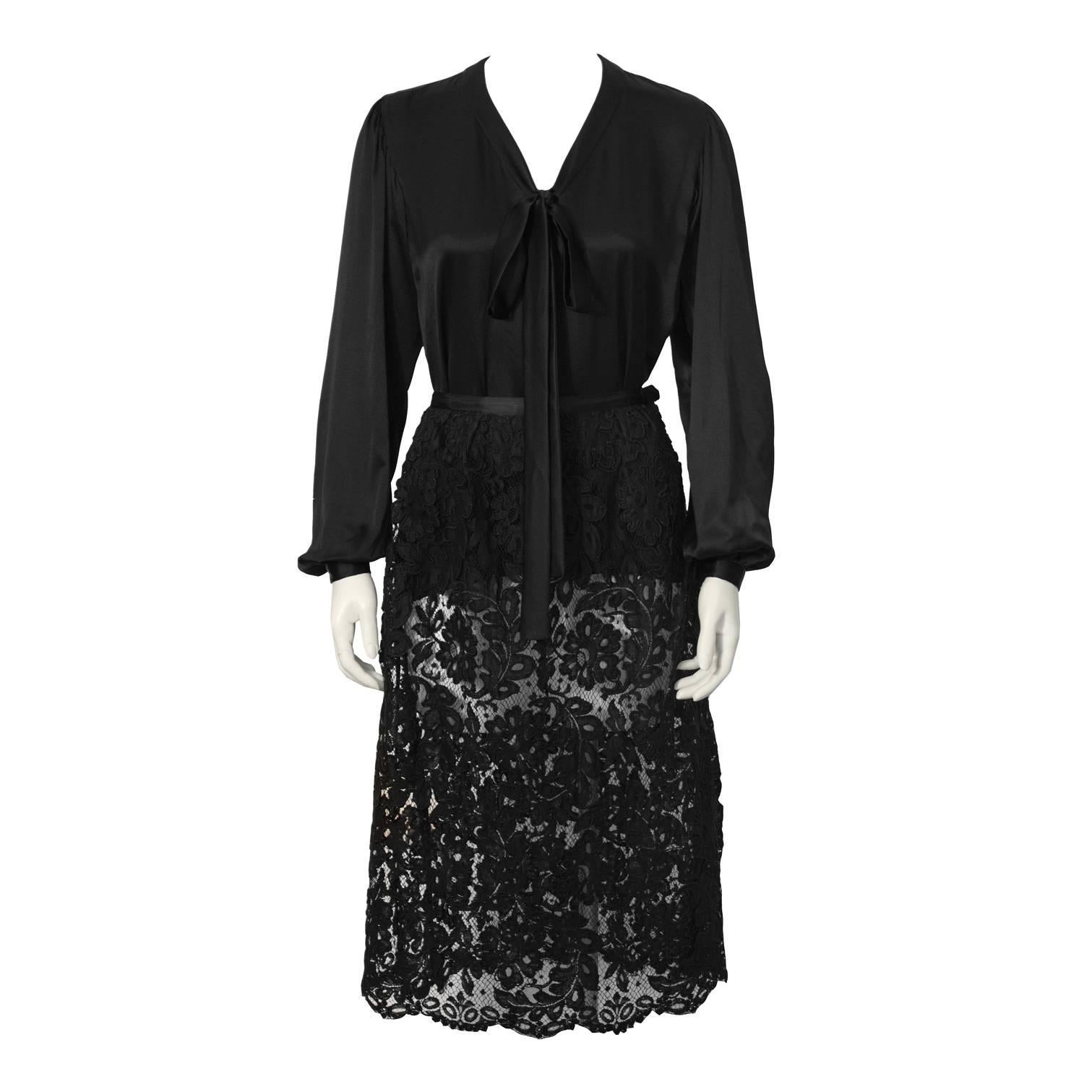 1970's Yves Saint Laurent YSL Black Satin Tie Top and Lace Skirt For Sale