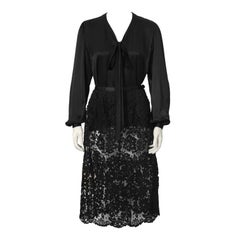 1970's Yves Saint Laurent YSL Black Satin Tie Top and Lace Skirt