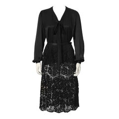 Vintage 1970's Yves Saint Laurent YSL Black Satin Tie Top and Lace Skirt