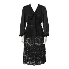 1970's Yves Saint Laurent YSL Black Satin Tie Top and Lace Skirt 7