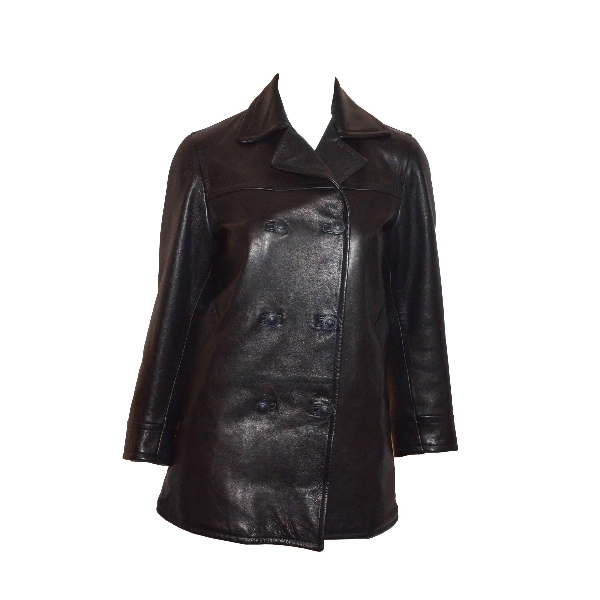 Gianni Versace Leather Pea Coat with Medusa Buttons