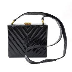 Chanel Black Patent Leather Gold Hardware CC Chevron Box Evening Shoulder Bag