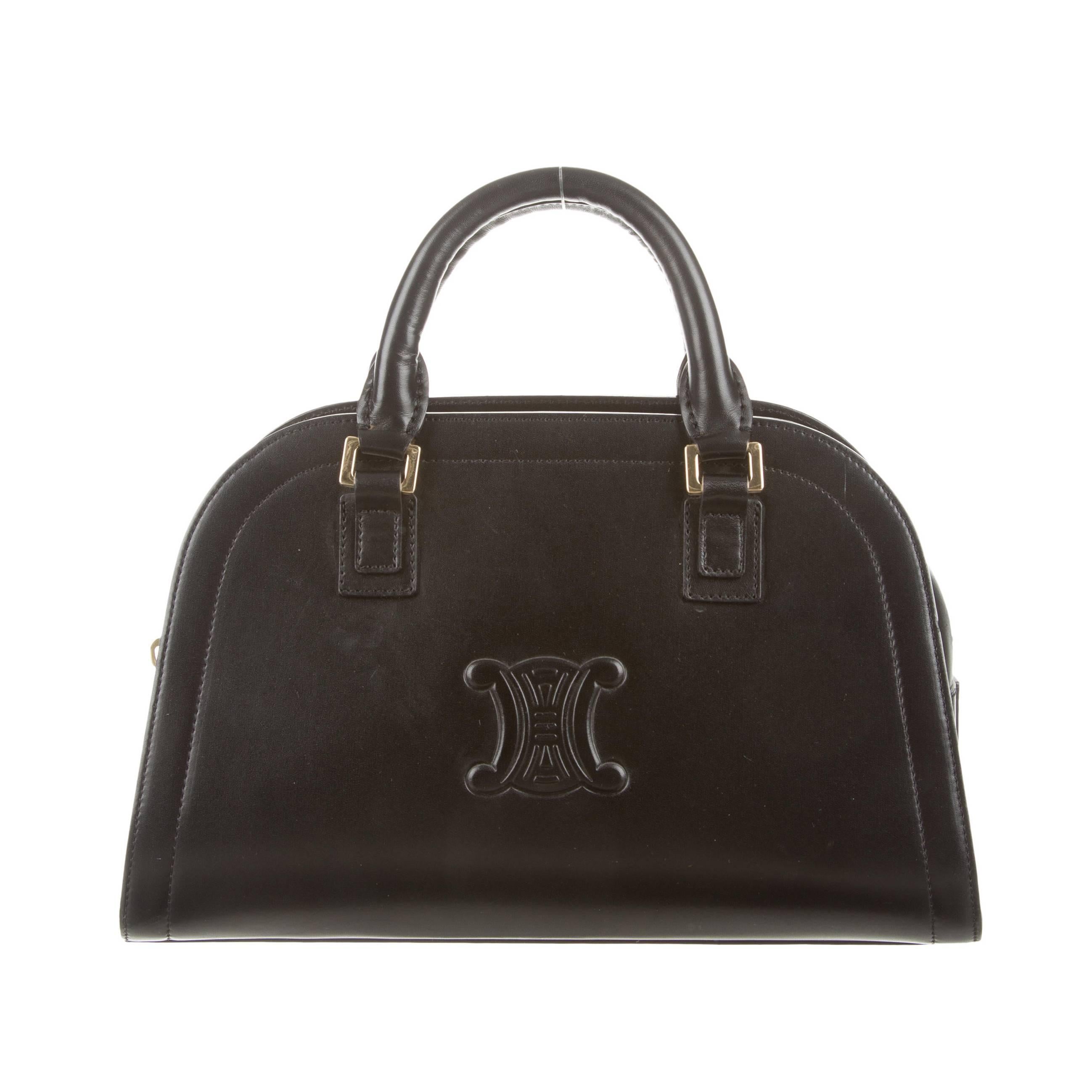 Celine Black Leather Gold Hardware Logo Top Handle Bowling Satchel Bag