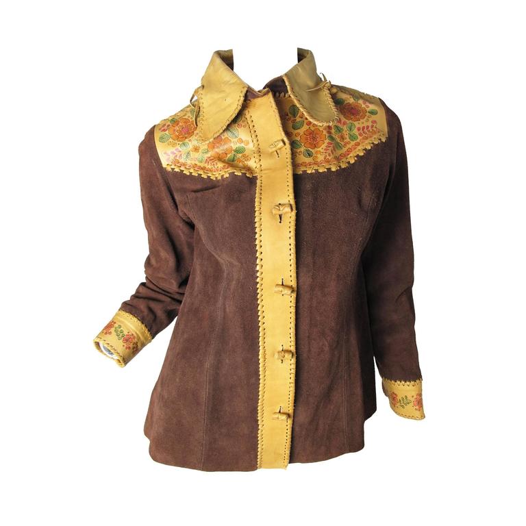 Gilet Vintage Char Santa Fe En Cuir Daim Violet Peint à La Main - Roses Du Sud-Ouest - Taille S/M