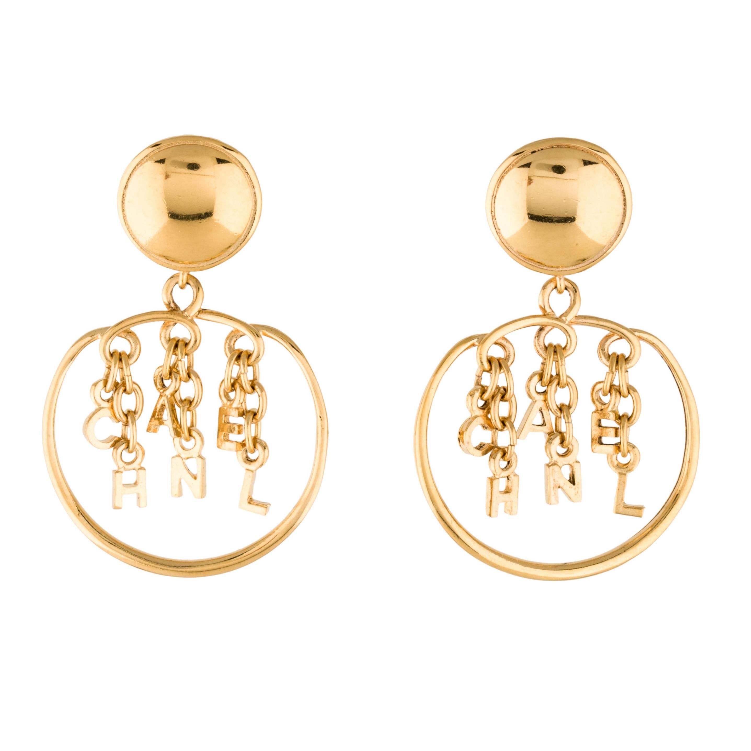 Chanel Gold Logo Charm Chain Door knocker Round Hoop Dangle DropEarrings