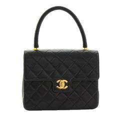 Vintage Chanel Black Quilted Lambskin Gold Hardware Flap Kelly Top Handle Satchel Bag