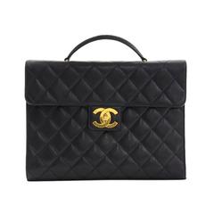 Chanel Black Caviar Leather Quilted Gold Hardware Attache Briefcase Bag