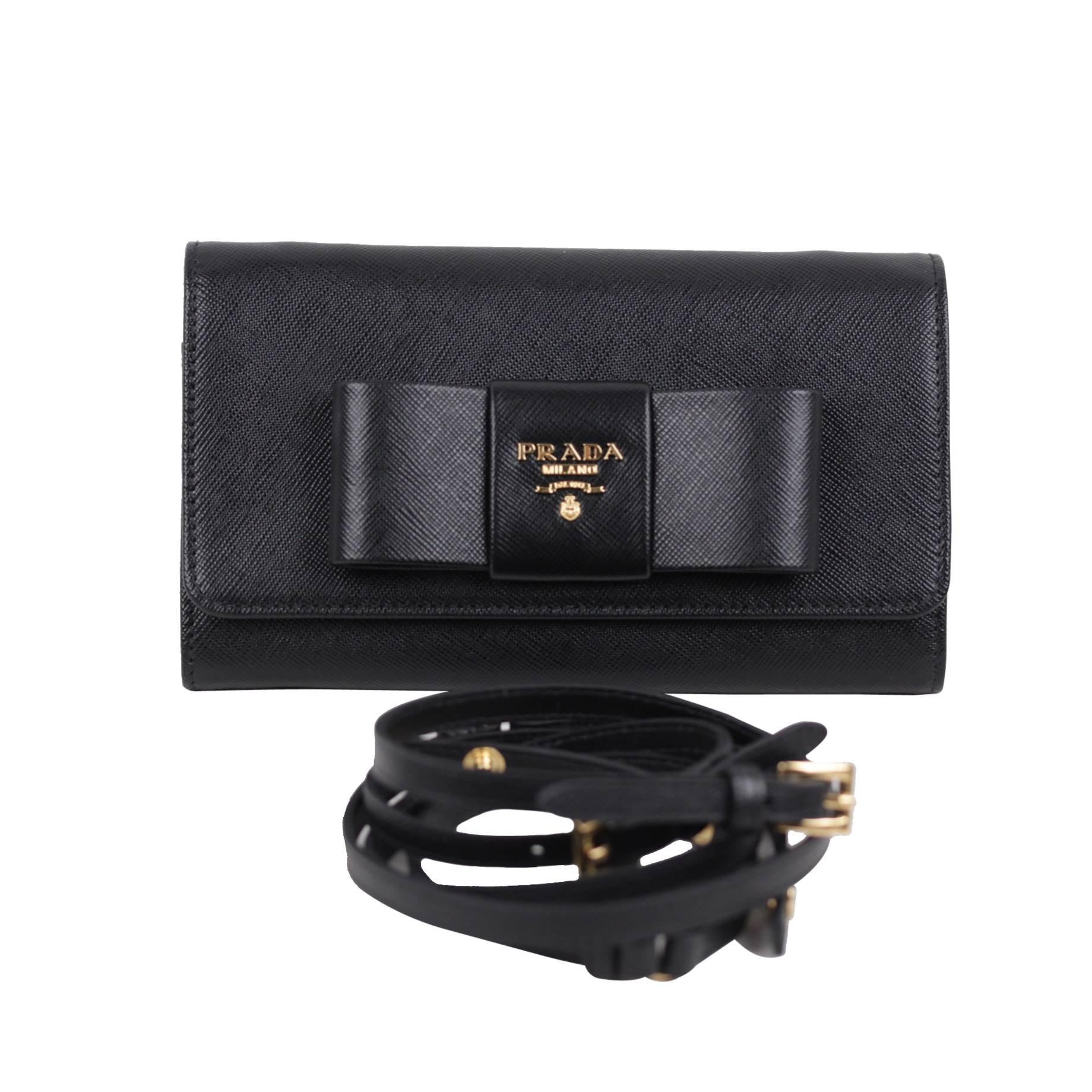PRADA Black Leather SAFFIANO FIOCCO Ribbon STRAP WALLET Purse WOC 1M1437 BOX