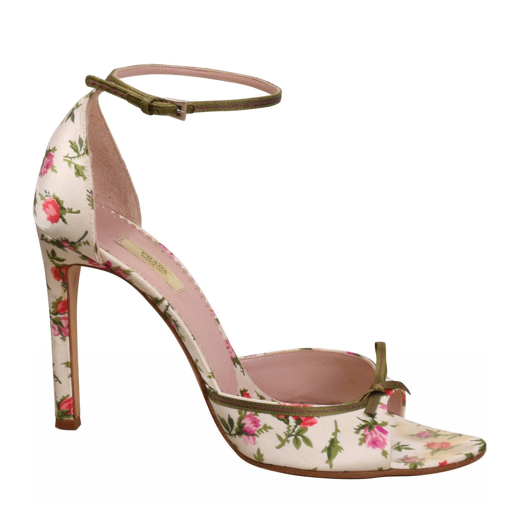  Prada Ivory Satin with Pink and Red Roses High Heel Sandals For Sale