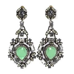 Lanvin Grey and Emerald Crystal Clip On Chandelier Earrings