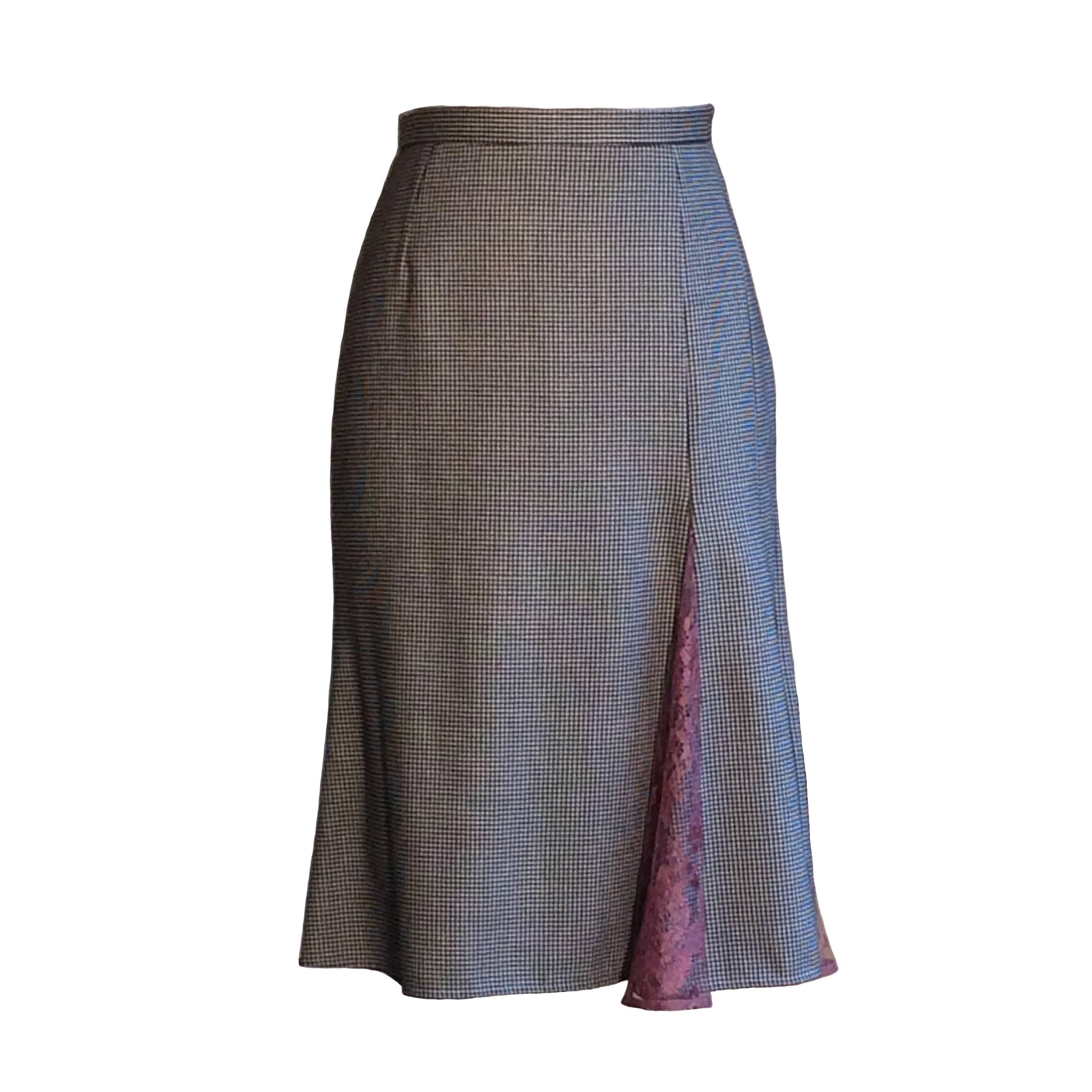 Dolce & Gabbana Black and White Houndstooth Pencil Skirt with Mauve Lace Accents