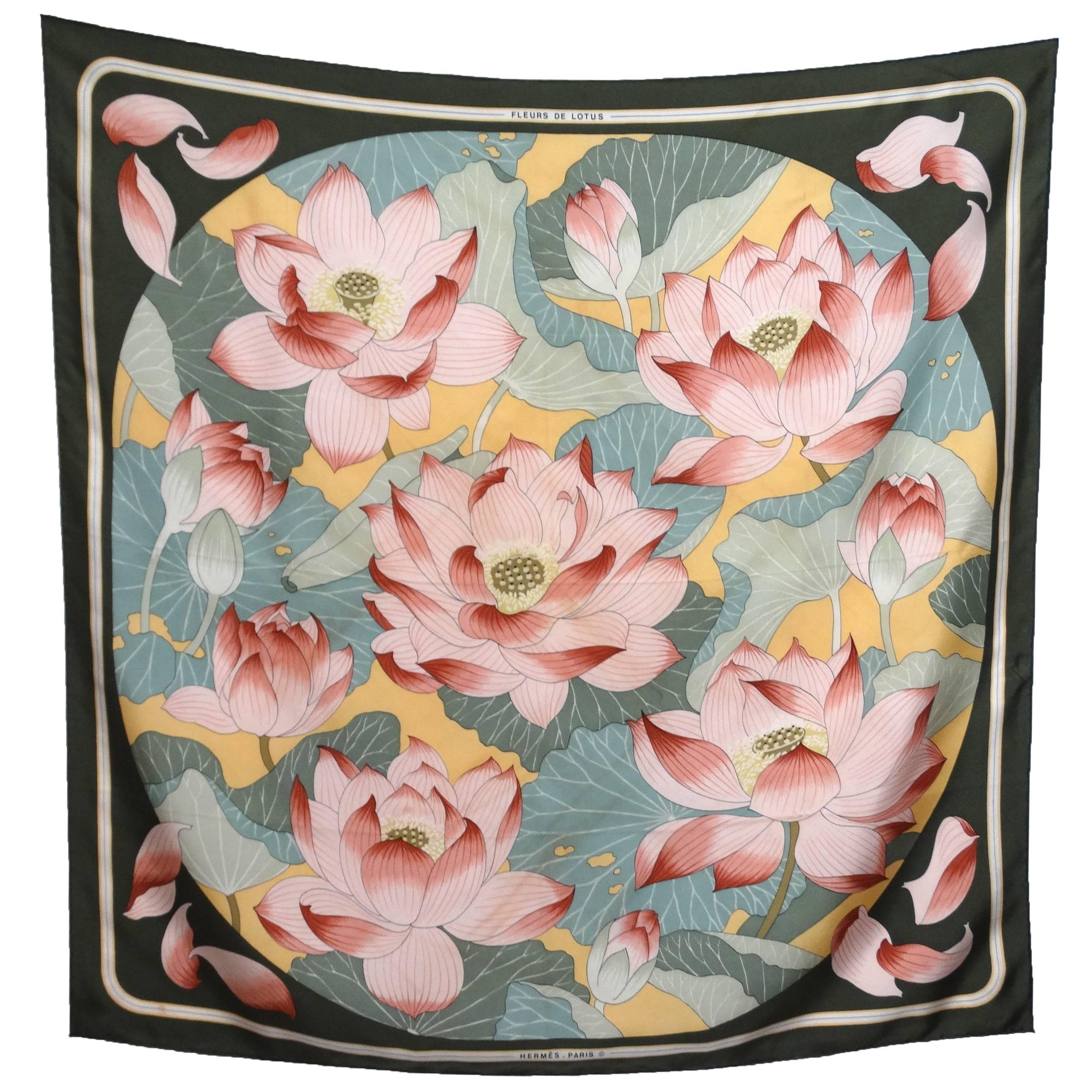Hermes Silk Twill Scarf "Fleurs de Lotus" Designed by Christiane Vauzelles