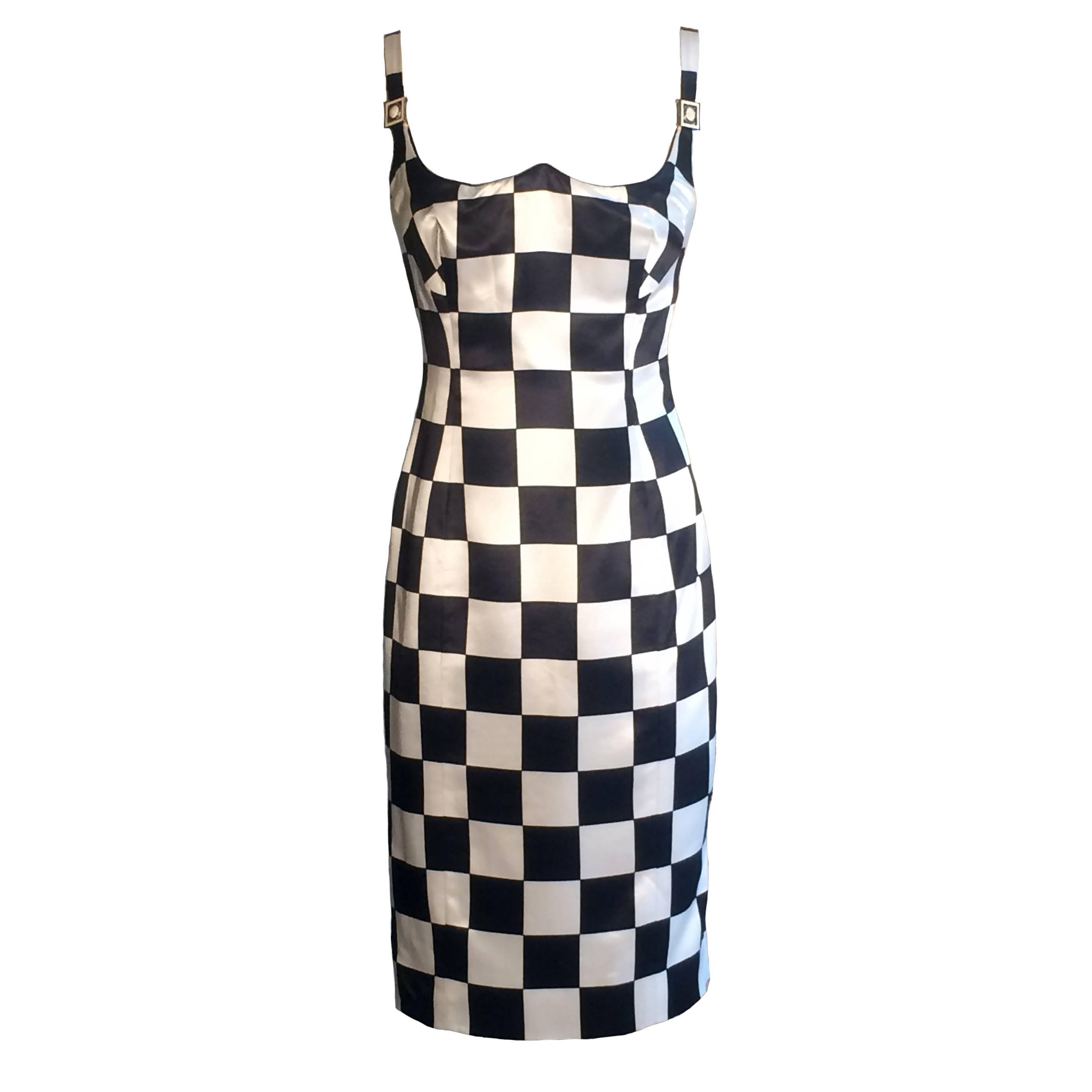 Gianni Versace Couture 1990s Black and White Checked Wiggle Dress