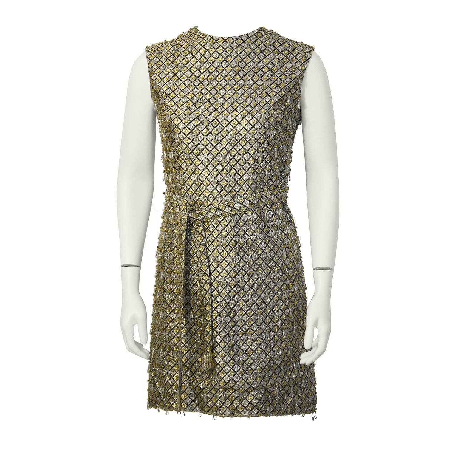 1960's Gold and Silver Beaded Mini Dress with Belt  For Sale